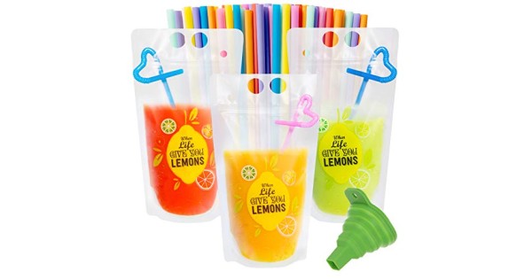 50 Pcs Drink Pouches for Adults,Frosted Translucent Drink Bags,Reusable  Juice Pouches Bags for Cold & Hot Drinks with 50 Straws & Funnel,AA15 