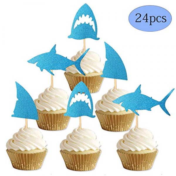 24-pack Glitter Shark Cupcake Toppers, Shark Fin Cupcake