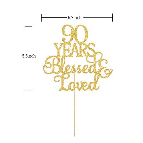 Gold Glitter 90 Years Blessed &Amp; Loved Cake Topper, 90Th Birthday