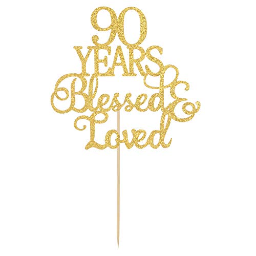 Gold Glitter 90 Years Blessed &Amp; Loved Cake Topper, 90Th Birthday