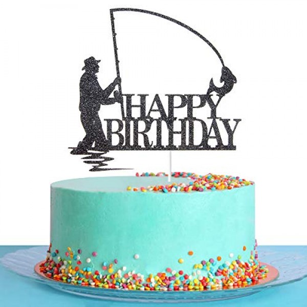 Fisherman Happy Birthday Cake Topper, Glitter Happy 30th 40th 45th