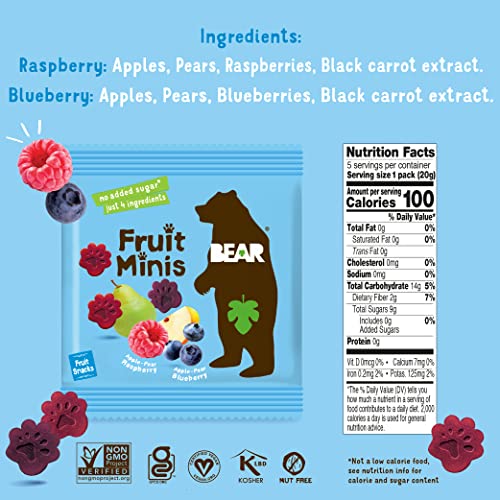 BEAR Real Fruit Snack Minis, Raspberry/Blueberry, No added Sugar...