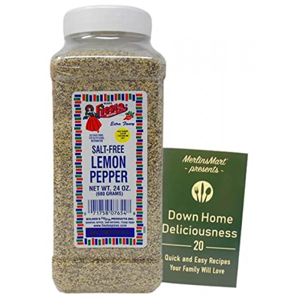 Bolner's Fiesta Extra Fancy Salt-Free Lemon Pepper Plus Recipe Booklet Bundle, 24 Ounces