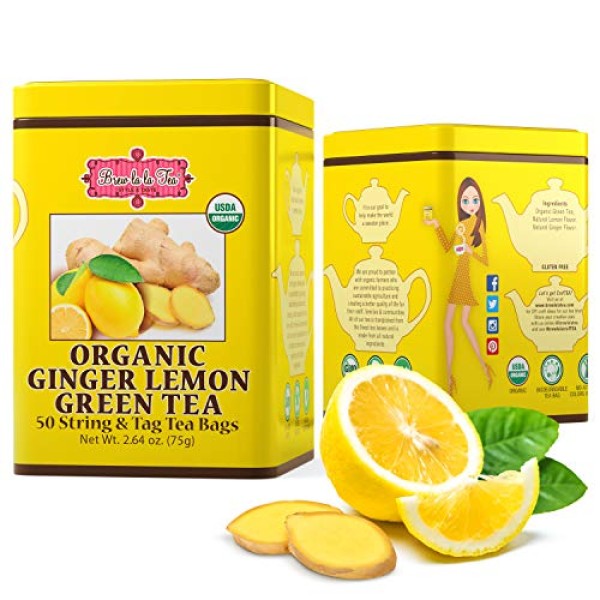 BREW LA LA ORGANIC GINGER LEMON GREEN TEA 50 STRING & TAG TEA BAGS