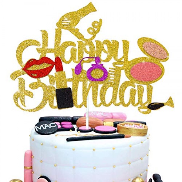 Amazon.com: Makeup Happy Birthday Cake Topper, Spa Themed Birthday Party  Decorations, Girl Women Bday Dessert Decor Supplies, Makeup Tool Sign, Pink  Glitter : Grocery & Gourmet Food