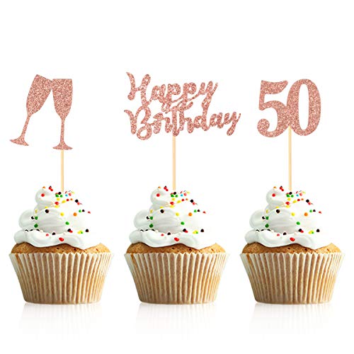 Donoter 48 Pieces 50th Cupcake Toppers Rose Gold Glitter ...