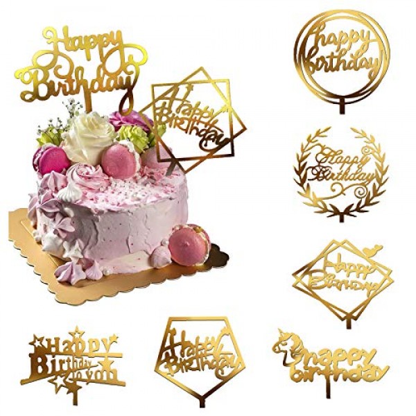 8 Pcs Acrylic Glitter Gold Cake Topper Acrylic Cake Toppers Happy