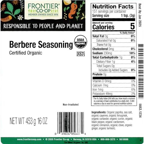 Frontier Co-op Berbere Seasoning, 1lb Bulk Bag, Organic & Natura...