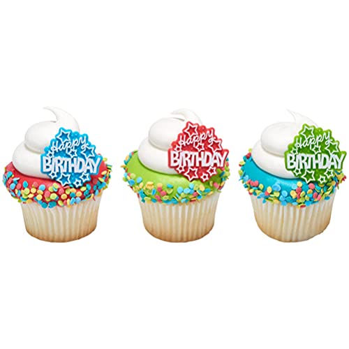 Happy Birthday Stars Cupcake Rings - 24 Pc