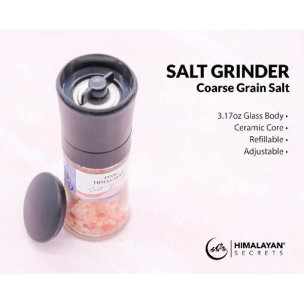 Himalayan Secrets Natural Pink Cooking Salt in Refillable Grinder - 8 oz  Healthy Unrefined Coarse Salt Packed with Minerals - Kosher Certified