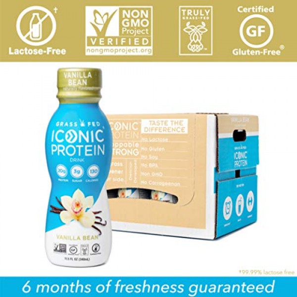  Iconic Protein Drinks, Vanilla Bean (4 Pack), Low Calorie,  Grass Fed, High Protein Shakes, Lactose Free, Gluten Free, Non-GMO, Kosher, Low Carb Snack & Healthy Breakfast Drink
