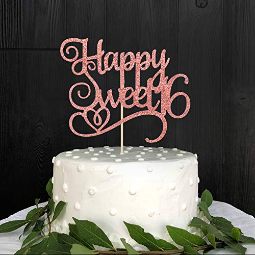 Rose Gold Glitter Happy Sweet 16 Cake Topper, Birthday Party