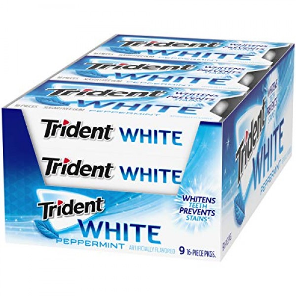 Trident White Peppermint Sugar Free Gum, 9 Packs of 16 Pieces ...