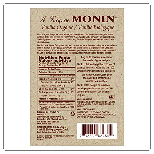 Monin - Organic Vanilla Syrup, Naturally Smooth Sweetness, Great