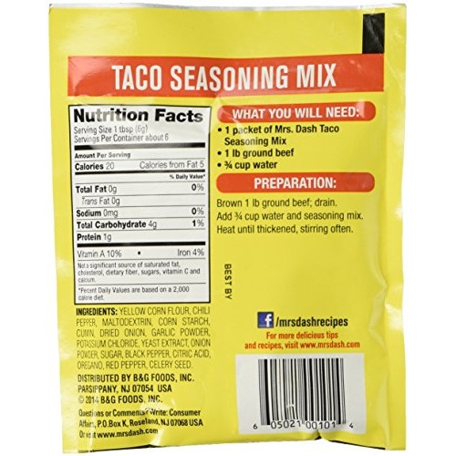 Mrs Dash Salt Free Taco Seasoning Mix 1.25 Oz Packets 4 Pack