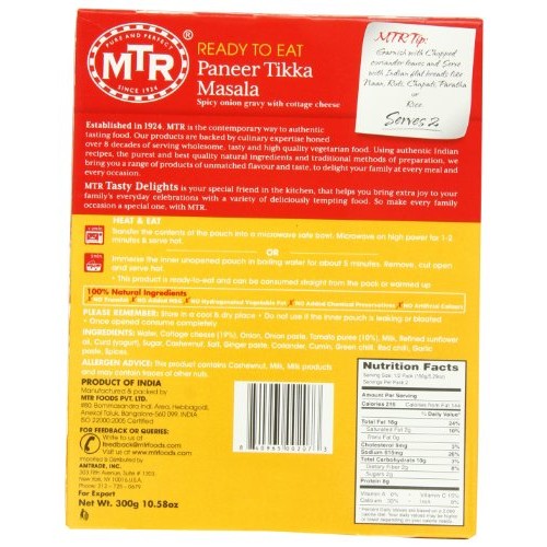 Mtr Paneer Tikka Masala, Ready-To-Eat, 10.58-Ounce Boxes Pack O