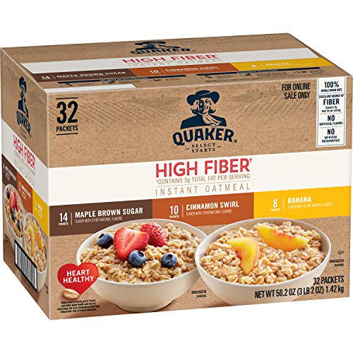 Quaker Instant Oatmeal, High Fiber 3 Flavor Variety Pack, Indivi