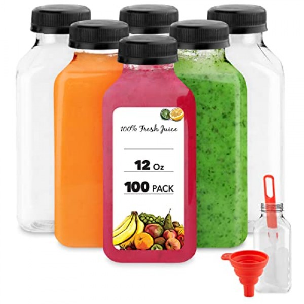 Stock Your Home Juice Bottles with Caps for Juicing & Smoothies, Reusable Clear Empty Plastic Bottles with Caps, 12 Ounce Drink Containers for M