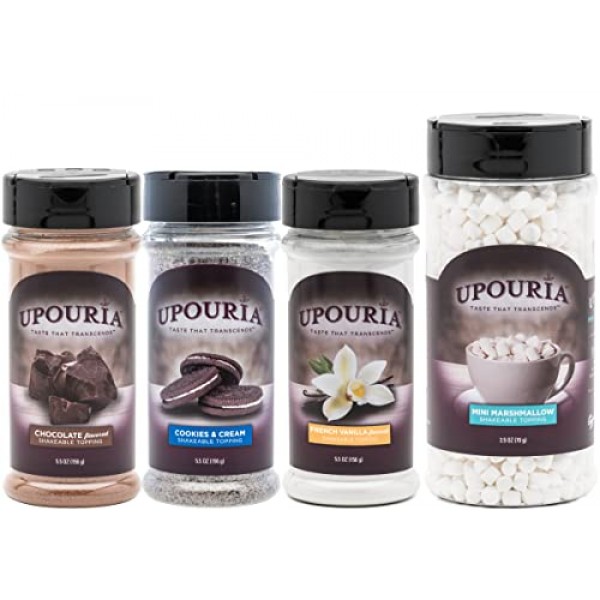 Upouria Coffee Topping Variety Pack - Chocolate, Cookies N Cream, French  Vanilla and Cinnamon with Brown Sugar - 5.5 Ounce Shakeable Topping Jars -  (Pack of 4)