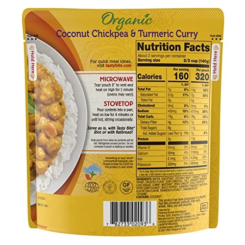 Tasty Bite Organic Chickpea Coconut and Turmeric Curry, Ready to...