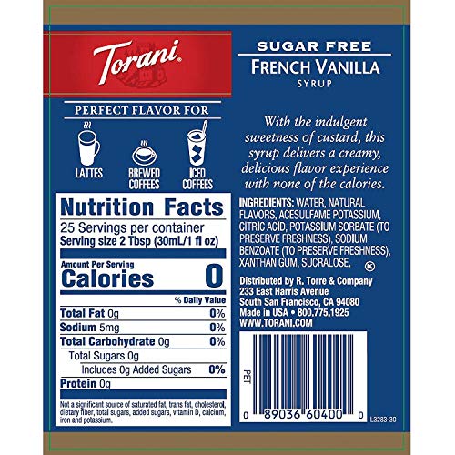 Torani Sugar Free French Vanilla Syrup 3 Bottles Of 750 Ml