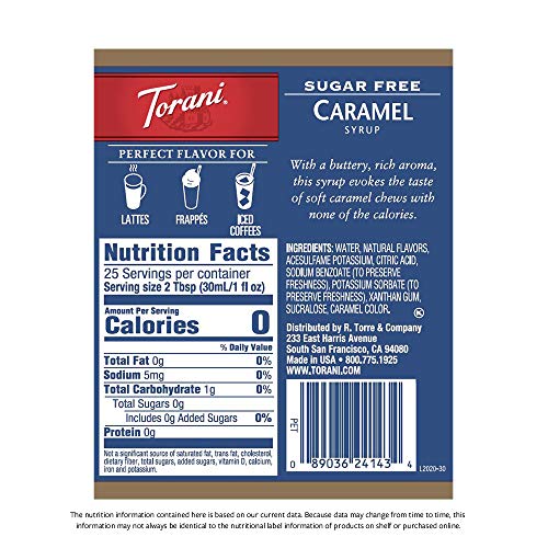 Torani Sugar Free Syrup, Caramel, 25.4 Ounces Pack Of 4