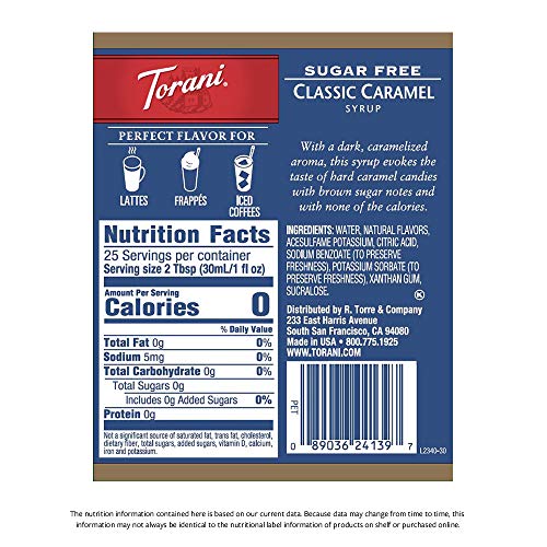 Torani Sugar Free Syrup, Classic Caramel, 25.4 Ounces Pack Of 4