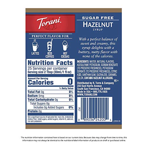 Torani Sugar Free Syrup, Classic Hazelnut, 25.4 Ounces Pack Of 4