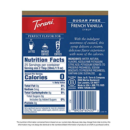 Torani Sugar Free Syrup, French Vanilla, 25.4 Ounce Pack Of 12