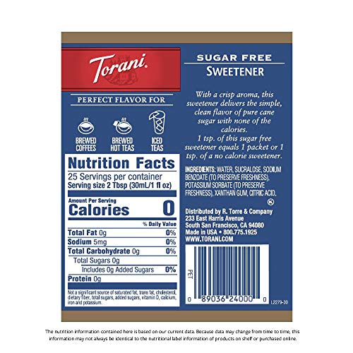 Torani Sugar Free Syrup, Sweetener, 25.4 Ounces Pack Of 4