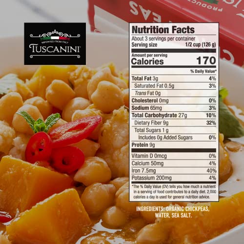 Tuscanini Organic Chickpeas, 13.4oz 8 Pack | Ready to Eat | Pl...