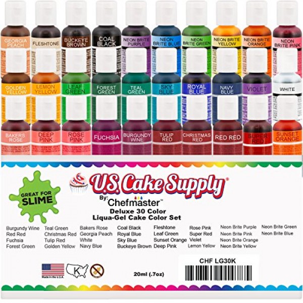 30 Color Food Coloring Liqua-Gel Ultimate Decorating Kit Primary, Secondary and Neon Colors – U.S. Art Supply Food Grade, 0.75 fl. oz. (20ml)