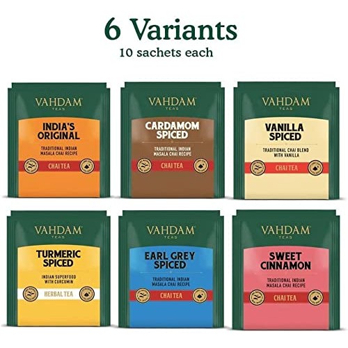 Vahdam, Chai Tea Variety Sampler Pack - 60 Tea Bags; 6 Flavors -