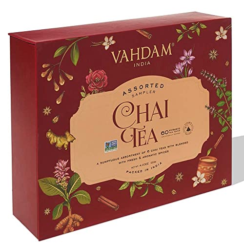 Vahdam, Chai Tea Variety Sampler Pack - 60 Tea Bags; 6 Flavors -