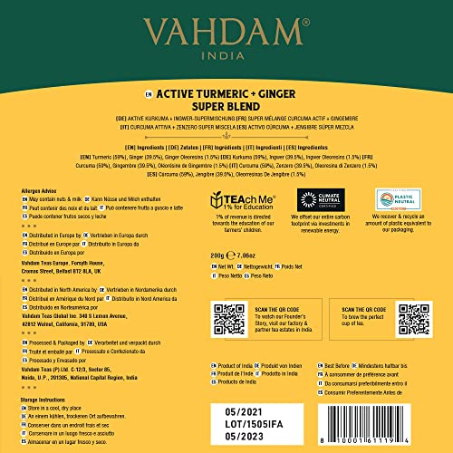 Vahdam, Organic Turmeric + Ginger Herbal Tea 100 Tea Bags | Pow