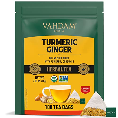 Vahdam, Organic Turmeric + Ginger Herbal Tea 100 Tea Bags | Pow