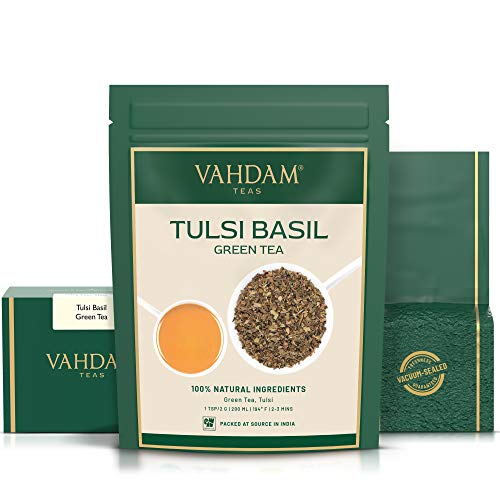 Vahdam, Tulsi Basil Green Tea Loose Leaf 50 Cups | Holy Basil