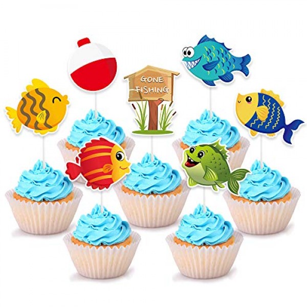 24pk Happy Birthday Fishing Edible Cupcake Decoration Toppers