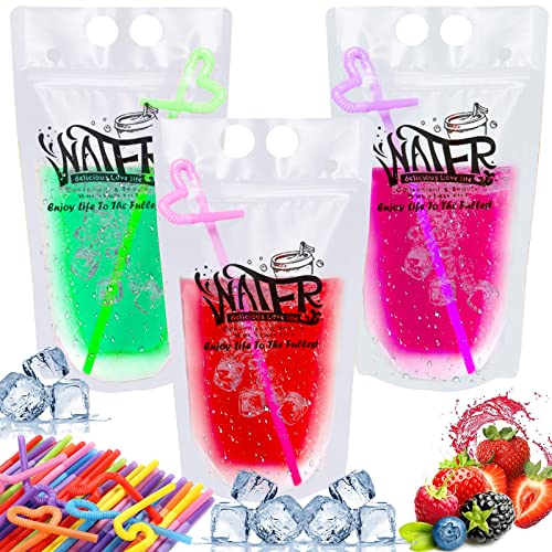 100 Pack Beverage Bags With 100 Straws Smoothie Bag Juice Bag, D...