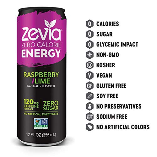 Zevia Zero-Calorie Energy Drink, Raspberry Lime, 12 Ounce Cans