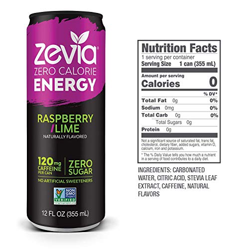 Zevia Zero-Calorie Energy Drink, Raspberry Lime, 12 Ounce Cans