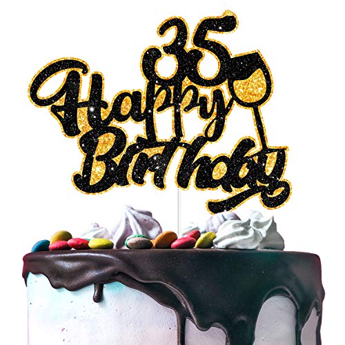 AERZETIX Happy 35th Birthday Cake Topper Black Gold Glitter
