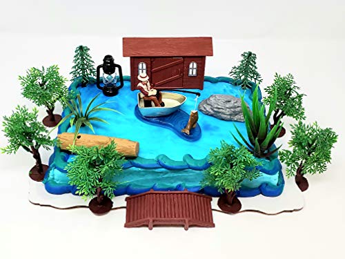 Gone Fishing Fisherman Themed Birthday Cake Topper Set Featuring Camping Angler in Boat with Decorative Themed Accessories